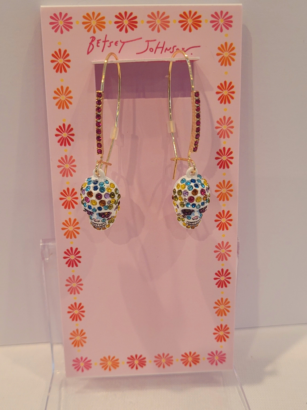 Betsey Johnson Drop Earrings with Crystal Skull Charms